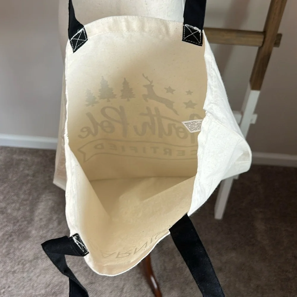 Sarnico Designs Cream Tote Bag with Black Vinyl North Pole Certified Design New